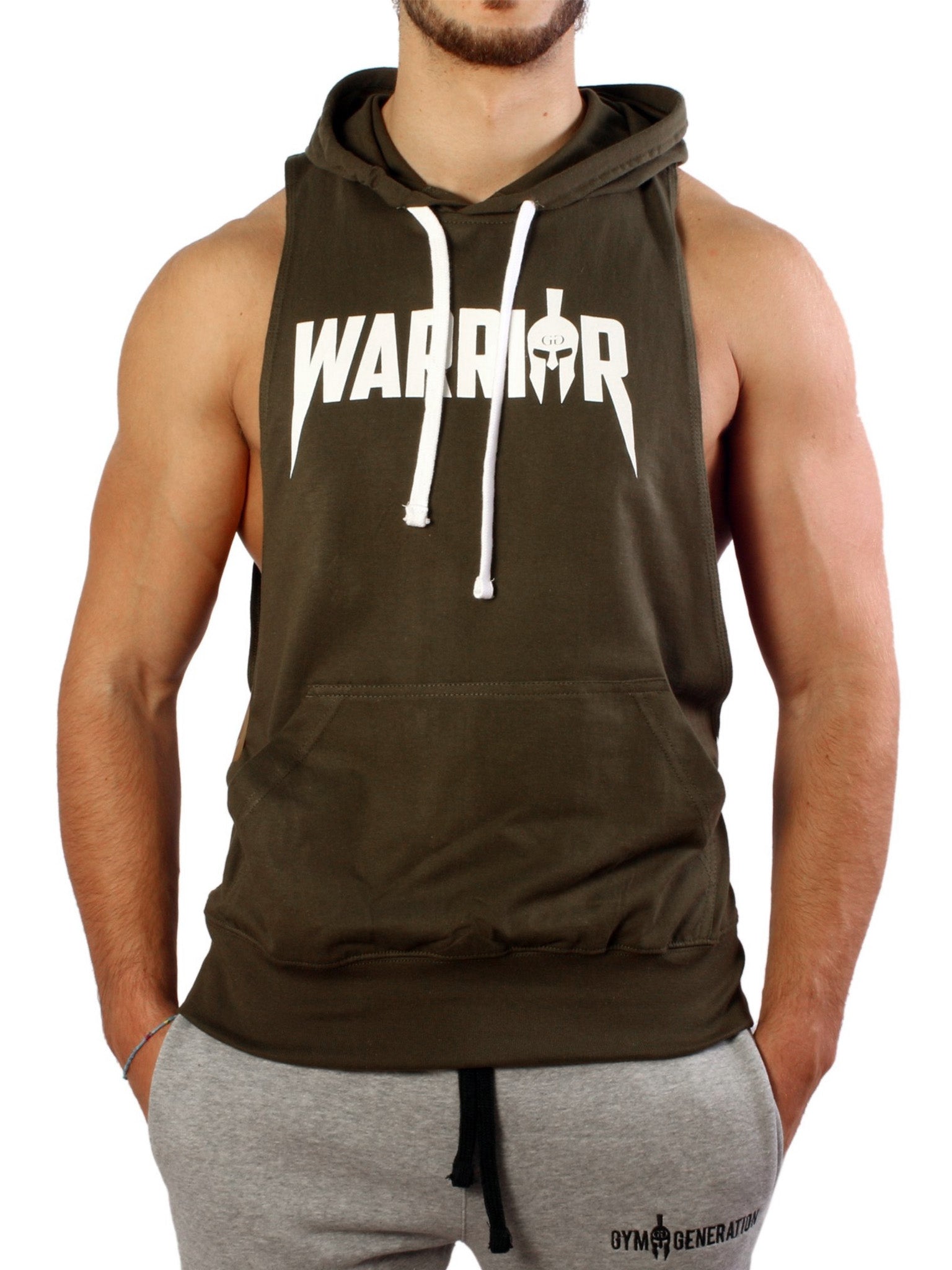 Herren Kapuzen Tank Top für Sport und Fitness in Olive mit Gym Generation Logo.