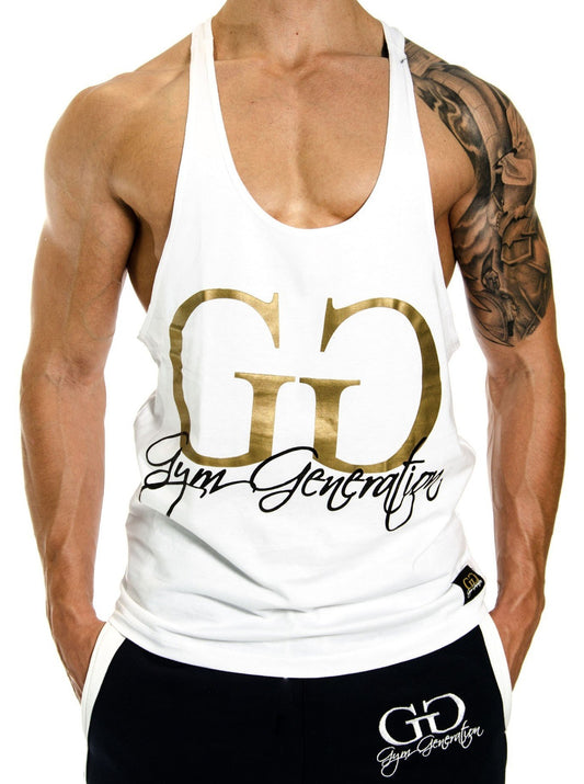 Weißes Gym Generation Stringer Tanktop für Herren mit goldenem Print – Vorderansicht