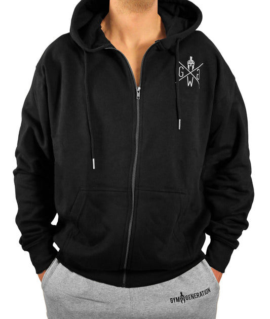 Gym Hoodie mit Reißverschluss Schwarz von Gym Generation – Stylischer Herren Fitness Hoodie mit Kapuze, atmungsaktivem Material und markantem Rückenprint.