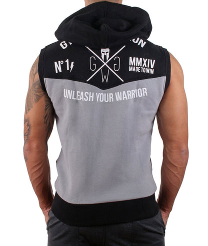 Ärmelloser Gym-Hoodie mit Kapuze für Herren, sportliches Design in Schwarz und Grau mit funktionalem Reißverschluss.