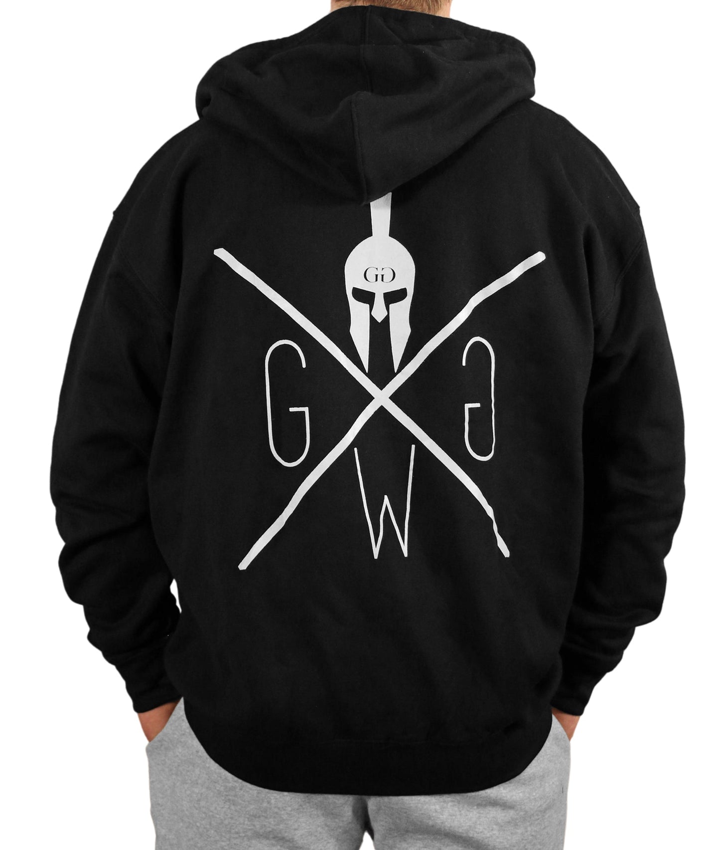 Gym Hoodie Schwarz von Gym Generation – bequemer Kapuzenpullover mit gesticktem Spartaner-Logo, ideal für Fitness, Outdoor-Aktivitäten und Freizeit.