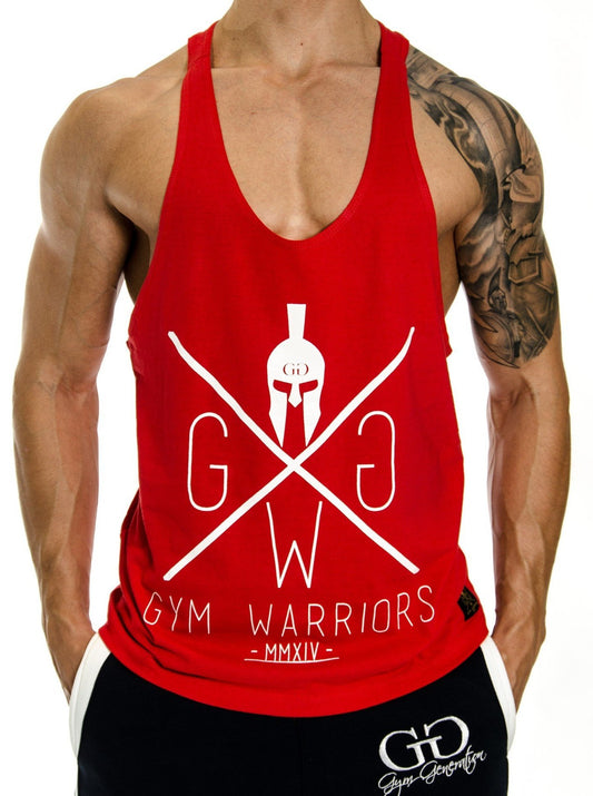 Rotes Herren Stringer Tank Top mit weißem Gym Warriors Logo – Vorderansicht