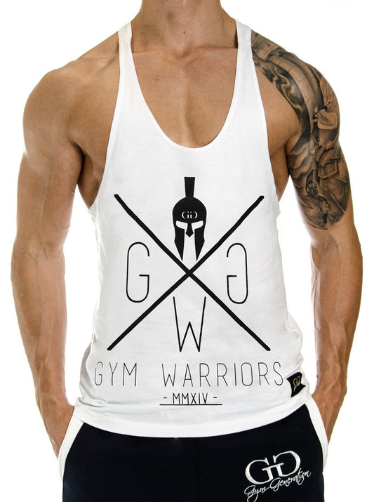 Weißes Herren Stringer Tanktop von Gym Generation mit schwarzem Spartaner Logo – Vorderansicht