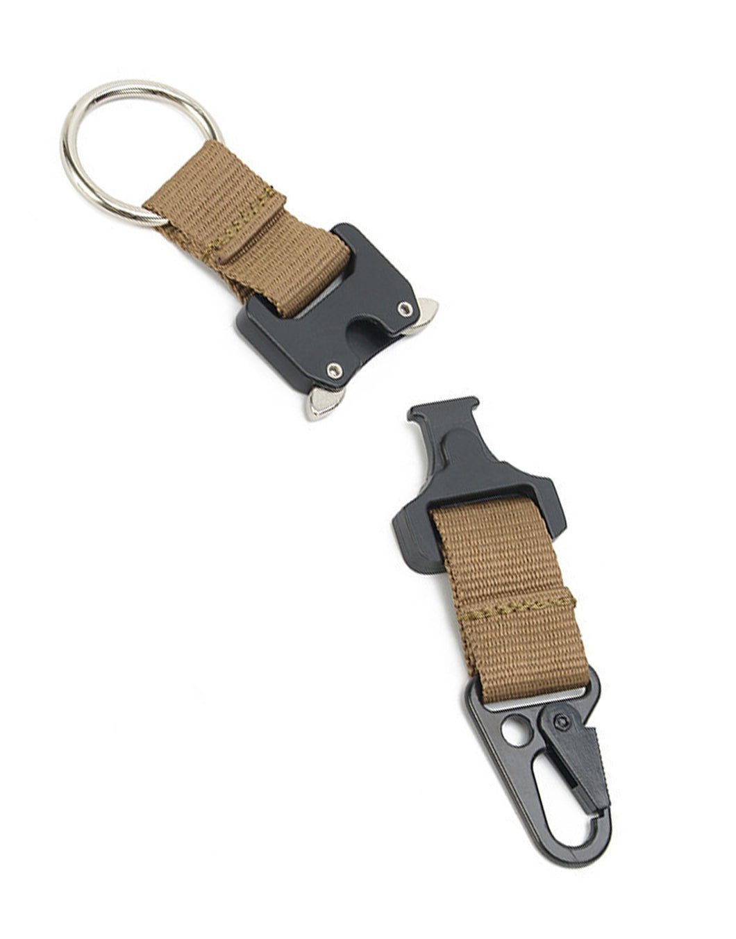 Karabiner Anhänger in Beige von Gym Generation mit geöffneter Metallschnalle – Schlüsselring und Karabinerhaken als getrennte Hälften