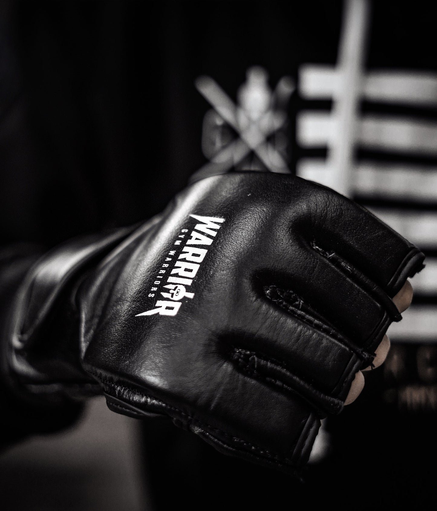 Gym Warriors Handschuhe in Schwarz mit markantem Warrior-Logo, ideal für Kampfsport.