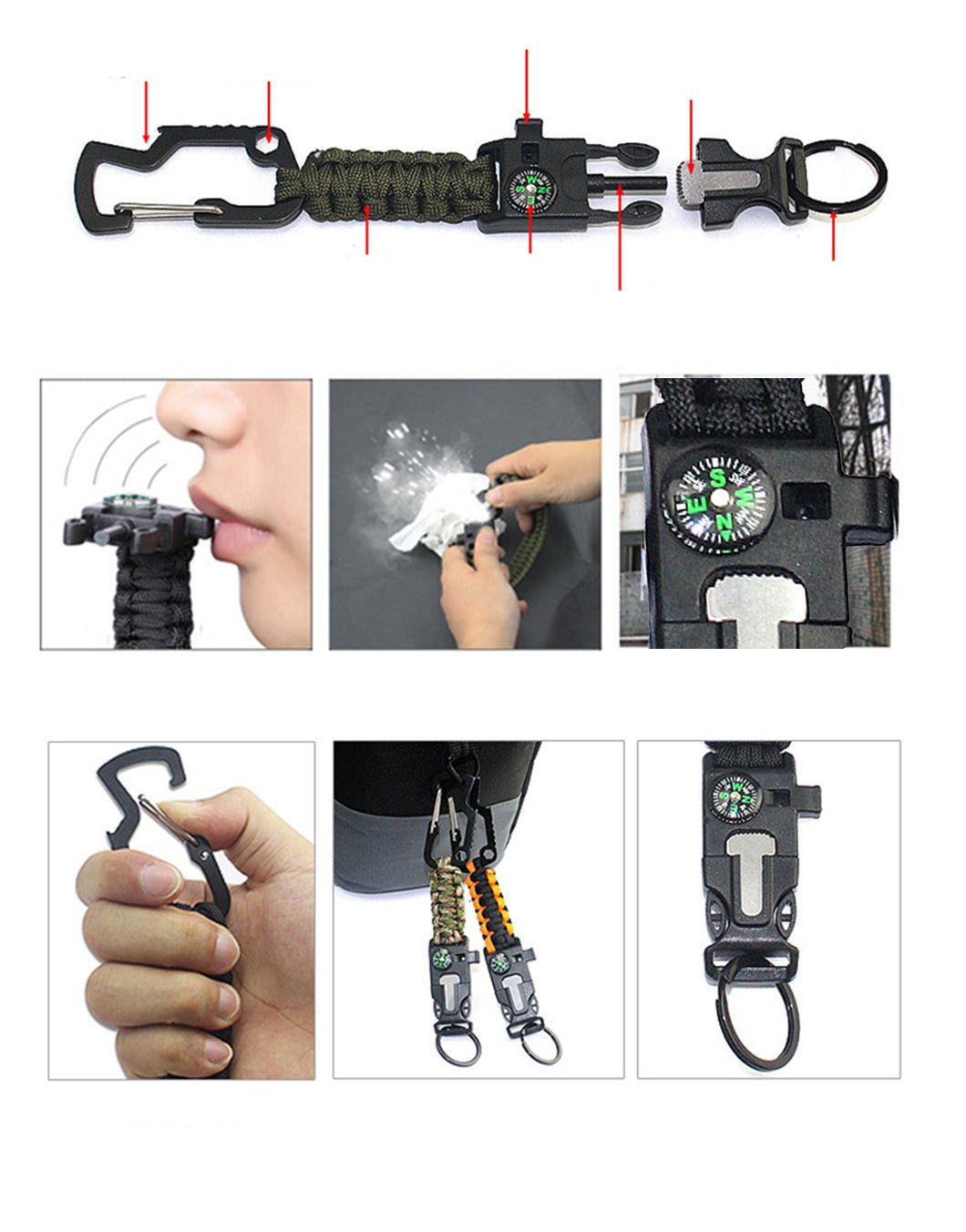 Gym Generation multi-tool keychain in use – whistle, sparks from the fire starter on tinder, compass in the side-release buckle and detachable key ring