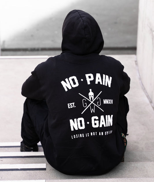 Schwarzer "No Pain No Gain" Hoodie von Gym Generation, ideal für intensive Workouts und Freizeit.
