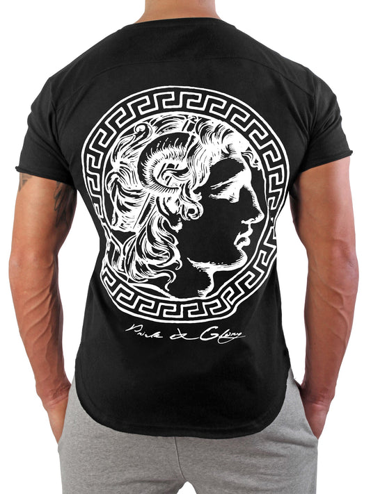 Elegantes schwarzes T-Shirt von Gym Generation mit edlem weißen Druck und gerollten Ärmeln.