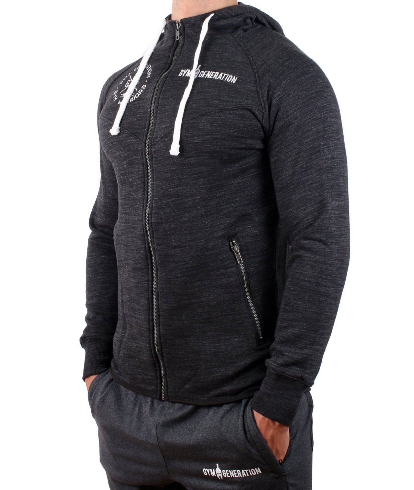 Sport Hoodie Herren Schwarz Meliert mit Gym Generation Logo, ideal für Training und Freizeit.