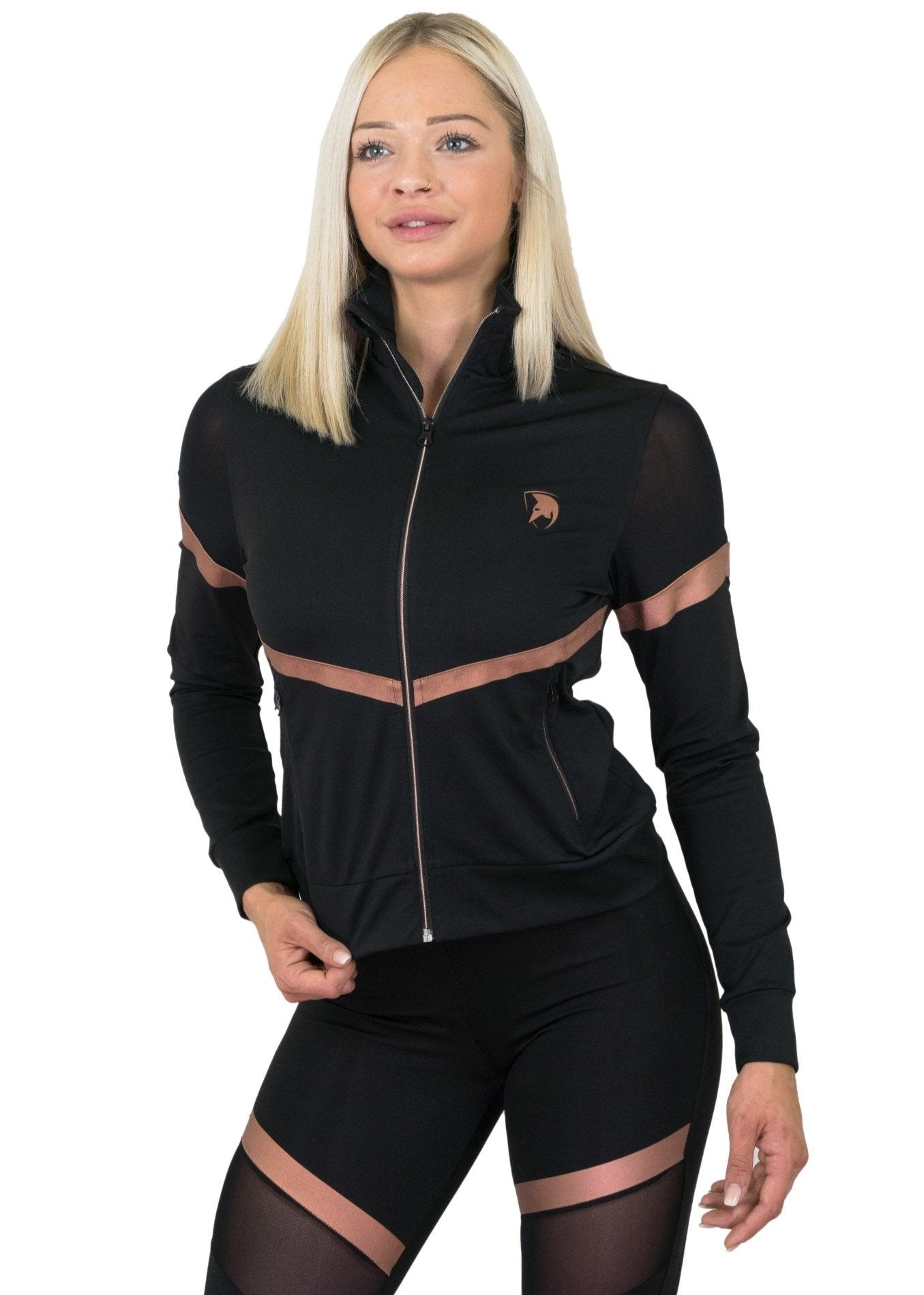 Atmungsaktive Sportjacke für Damen mit Reißverschluss und figurbetontem Schnitt, ideal für Fitness und Jogging.