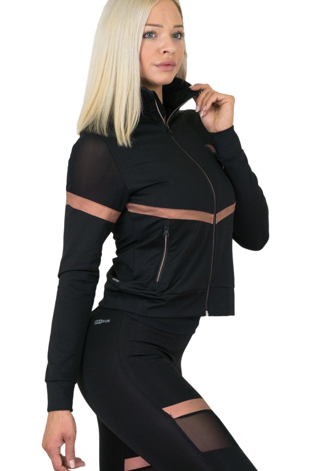 Trainingsjacke Damen Schwarz mit Mesh-Einsätzen und Rose Gold Details, ideal für Fitness, Jogging und Freizeit.