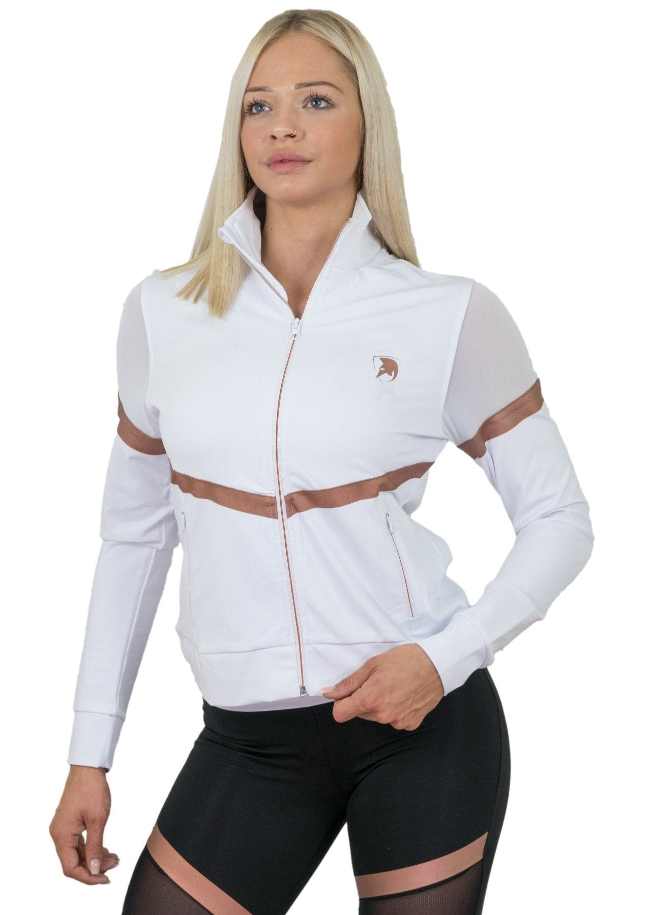 Trainingsjacke Damen Weiß mit Rose Gold Details und Mesh-Einsätzen, ideal für Fitness, Yoga und Freizeit.