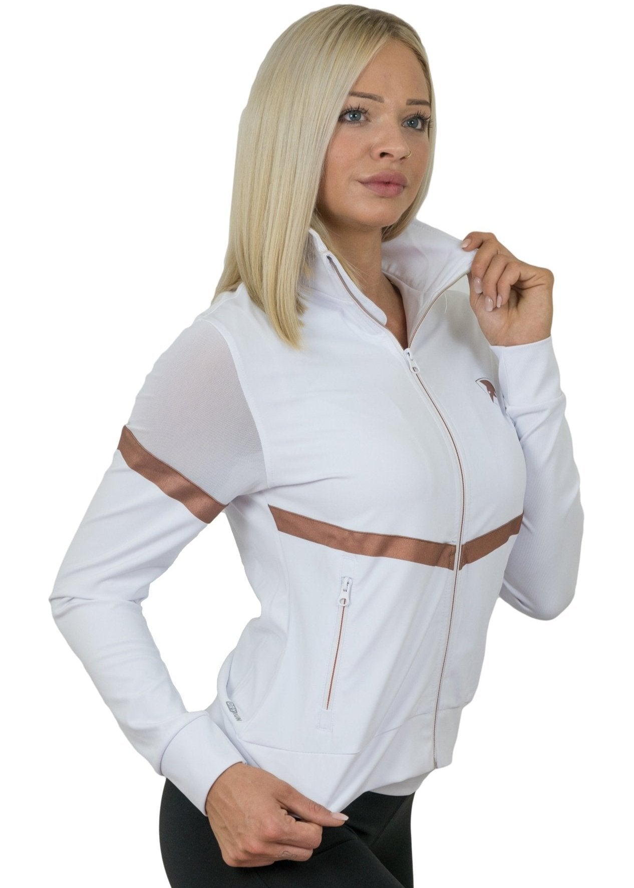 Stylische Damen Trainingsjacke Weiß mit Mesh-Details und Reißverschlusstaschen, ideal für Sport und Alltag.