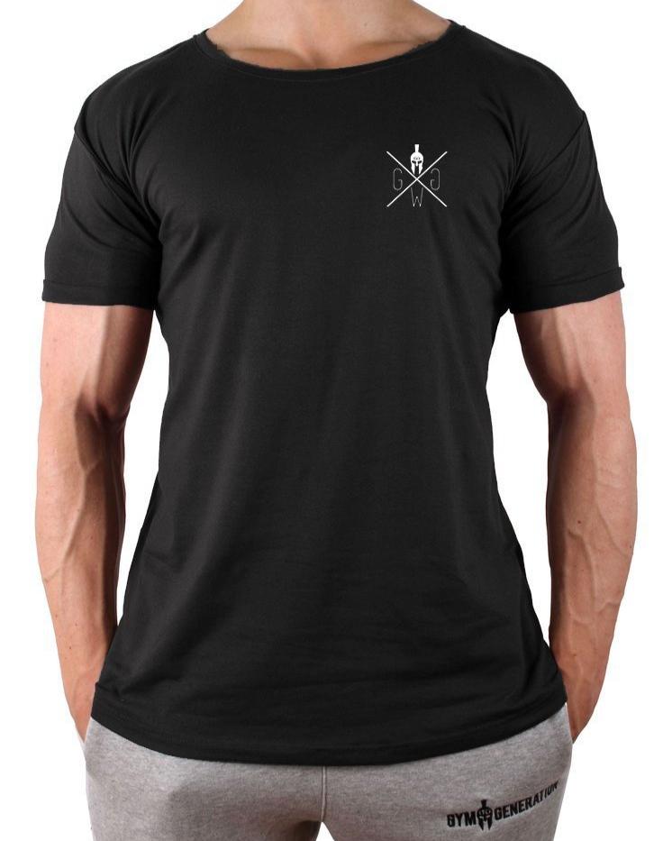 Schwarzes Fitness T-Shirt für Herren mit markantem Spartaner-Logo von Gym Generation auf der Vorderseite.