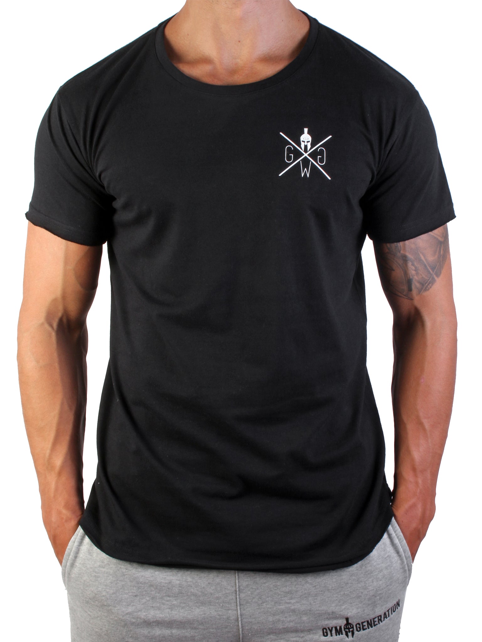 Hochwertiges schwarzes Herren T-Shirt aus 100% Baumwolle mit ikonischem Spartaner-Logo von Gym Generation.