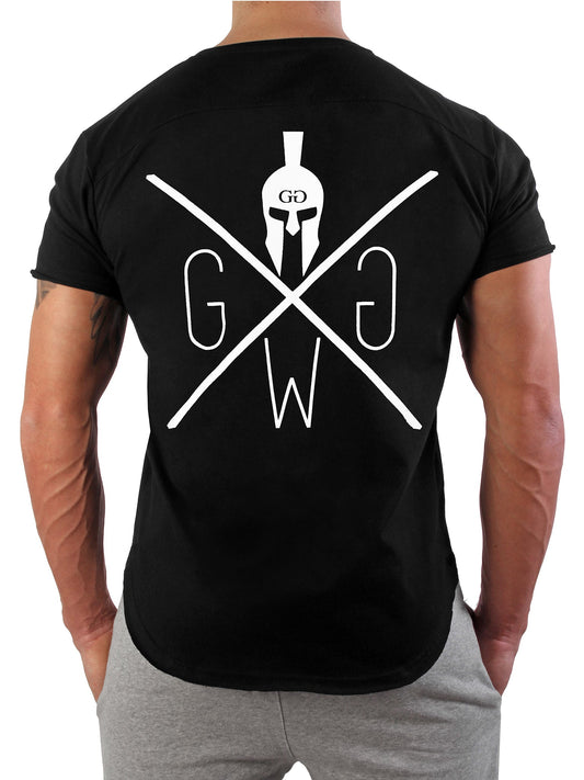 Schwarzes Herren Gym T-Shirt von Gym Generation mit weißem Spartaner-Logo und gerollten Ärmeln.