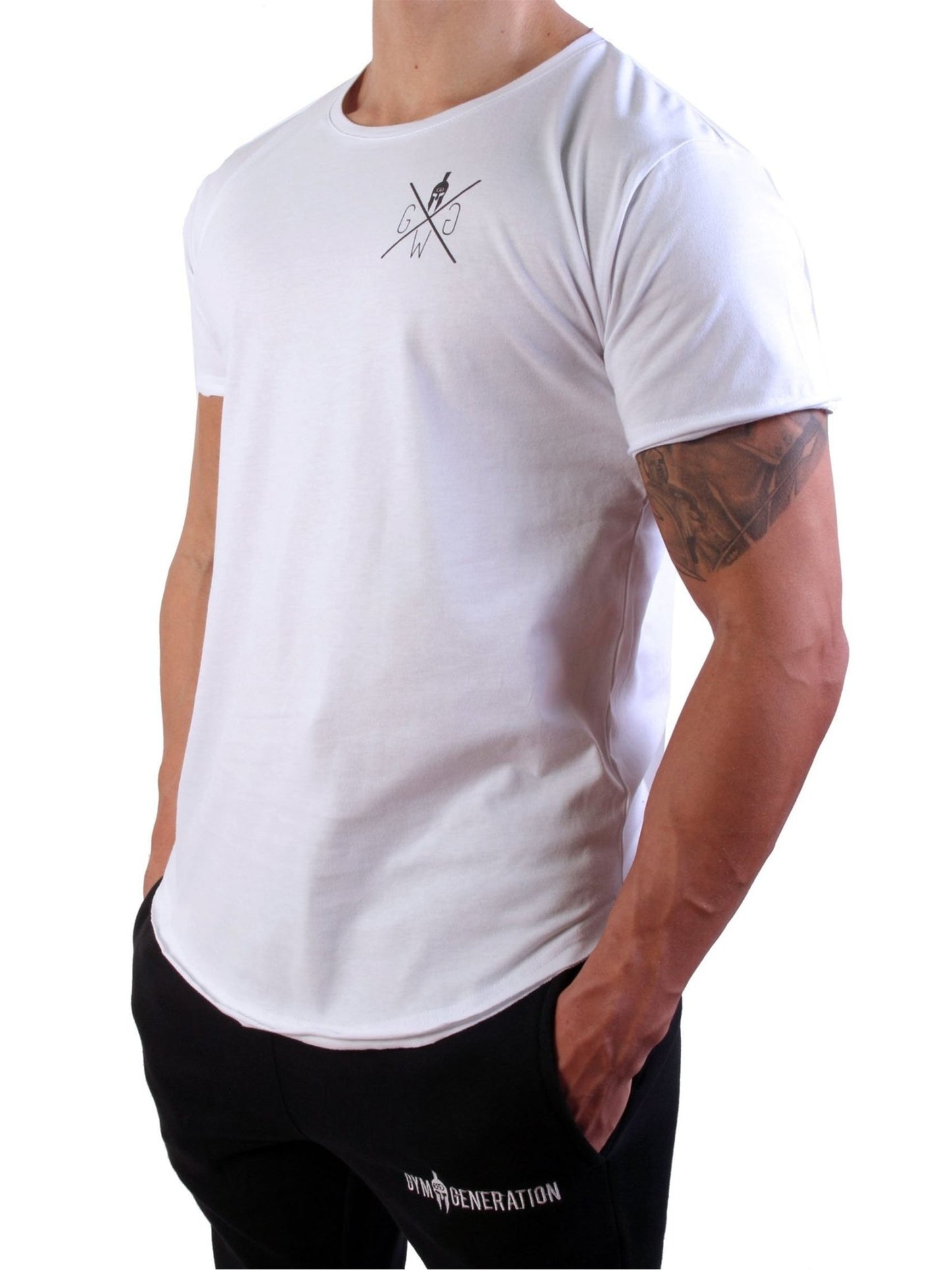 Hochwertiges weißes Gym T-Shirt aus Baumwolle mit stilvollem Spartaner-Logo für Herren.