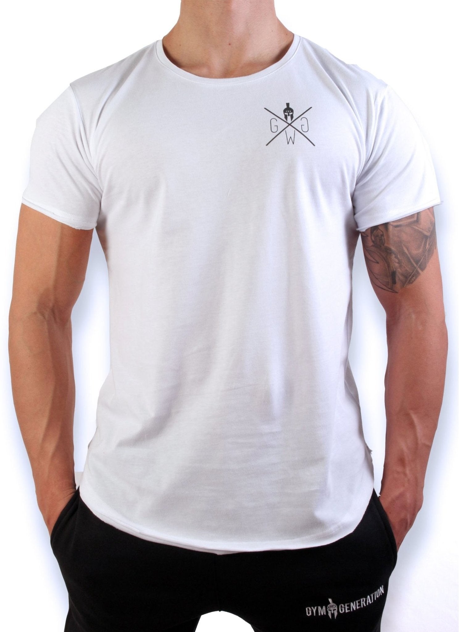 Weißes Herren Gym T-Shirt von Gym Generation mit Spartaner-Logo-Aufdruck für ultimativen Tragekomfort.