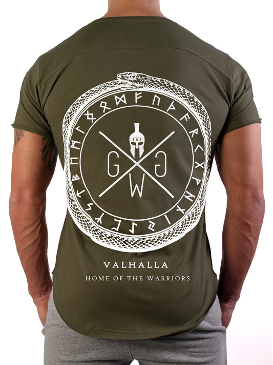 Olivgrünes Valhalla T-Shirt von Gym Generation mit ikonischem Spartaner-Logo für Herren.