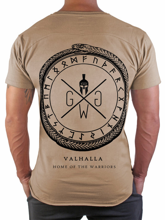Valhalla T-Shirt in Sahara Beige von Gym Generation mit auffälligem Warrior-Logo in Gunmetal.